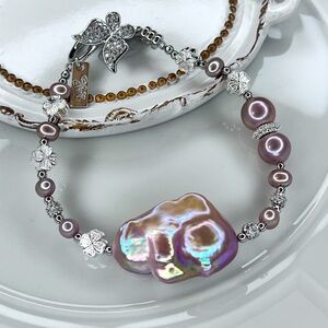 Handmade Pink Freshwater Premium Flameball Edison Pearl 🦋 Crystal Bracelet 30mm